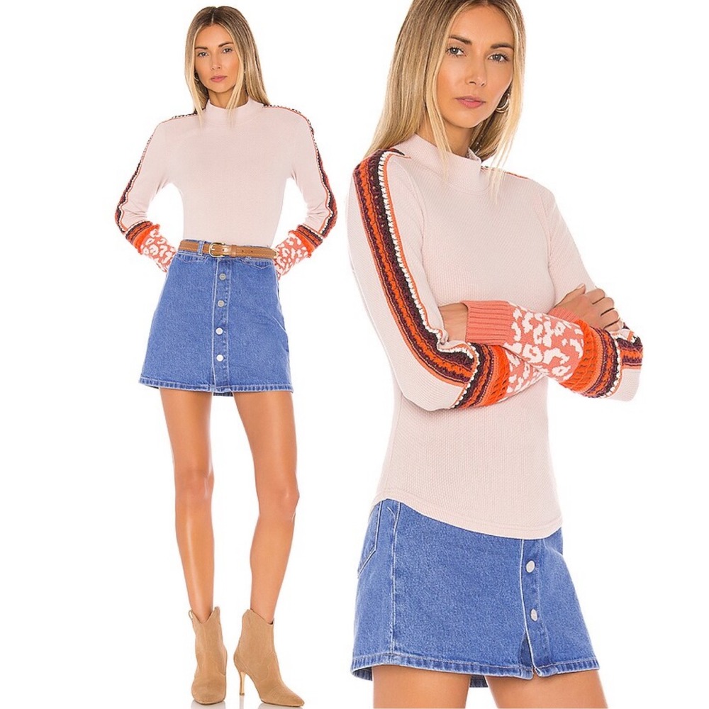 Free People Switch It Up Thermal Long Sleeve Womens Sz Large Pink Bohemian Knit